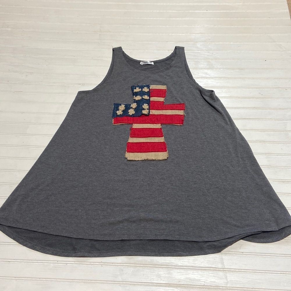 Lost Petal Linens | stitch red white and blue cross tank top size large